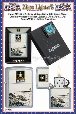 Zippo Windproof Lighter Z49152 Zippo U.S. Army Vintage Battlefield Scene, Street Chrome Windproof Pocket Lighter 2-1/4"x1/2"x1-1/2" Comes With a Lifetime Guarantee