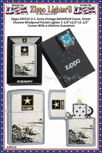 Zippo Windproof Lighter Z49152 Zippo U.S. Army Vintage Battlefield Scene, Street Chrome Windproof Pocket Lighter 2-1/4"x1/2"x1-1/2" Comes With a Lifetime Guarantee Zippo Windproof Lighter Z49152 Zippo U.S. Army Vintage Battlefield Scene, Street Chrome Windproof Pocket Lighter 2-1/4"x1/2"x1-1/2" Comes With a Lifetime Guarantee