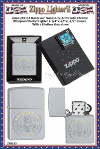 Zippo Windproof Lighter Z49153 Zippo Honor our Troops U.S. Army Satin Chrome Windproof Pocket Lighter 2-1/4"x1/2"x1-1/2" Comes With a Lifetime Guarantee