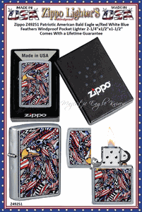 Zippo Windproof Lighter Z49251 Zippo Patriotic American Bald Eagle w/ Red White Blue Feathers Windproof Pocket Lighter 2-1/4"x1/2"x1-1/2" Comes With a Lifetime Guarantee 