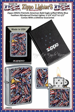Zippo Windproof Lighter Z49251 Zippo Patriotic American Bald Eagle w/ Red White Blue Feathers Windproof Pocket Lighter 2-1/4"x1/2"x1-1/2" Comes With a Lifetime Guarantee Zippo Windproof Lighter Z49251 Zippo Patriotic American Bald Eagle w/ Red White Blue Feathers Windproof Pocket Lighter 2-1/4"x1/2"x1-1/2" Comes With a Lifetime Guarantee