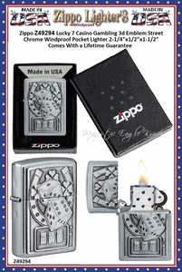 Zippo Windproof Lighter Z49294 Zippo Lucky 7 Casino Gambling 3d Emblem Street Chrome Windproof Pocket Lighter 2-1/4"x1/2"x1-1/2" Comes With a Lifetime Guarantee 