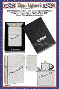 Zippo Windproof Lighter Z49305 Zippo Chevrolet Script Chevy High Polish Chrome Windproof Pocket Lighter 2-1/4"x1/2"x1-1/2" Comes With a Lifetime Guarantee 
