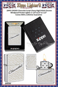 Zippo Windproof Lighter Z49305 Zippo Chevrolet Script Chevy High Polish Chrome Windproof Pocket Lighter 2-1/4"x1/2"x1-1/2" Comes With a Lifetime Guarantee 