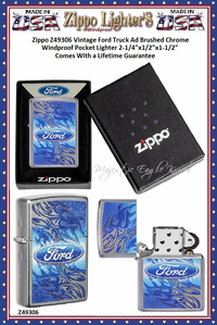 Zippo Windproof Lighter Z49307 Zippo Ford Blue Flame Script in Oval Logo Street Chrome Windproof Pocket Lighter 2-1/4"x1/2"x1-1/2" Comes With a Lifetime Guarantee 
