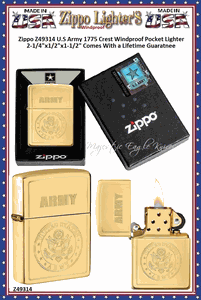 Zippo Windproof Lighter Z49314 Zippo High Polish Brass US Army Design Windproof Pocket Lighter 2-1/4"x1/2"x1-1/2" Comes With a Lifetime Guarantee  