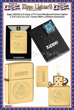 Zippo Windproof Lighter Z49314 Zippo High Polish Brass US Army Design Windproof Pocket Lighter 2-1/4"x1/2"x1-1/2" Comes With a Lifetime Guarantee  