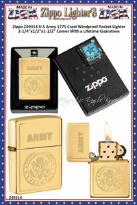 Zippo Windproof Lighter Z49314 Zippo High Polish Brass US Army Design Windproof Pocket Lighter 2-1/4"x1/2"x1-1/2" Comes With a Lifetime Guarantee Zippo Windproof Lighter Z49314 Zippo High Polish Brass US Army Design Windproof Pocket Lighter 2-1/4"x1/2"x1-1/2" Comes With a Lifetime Guarantee