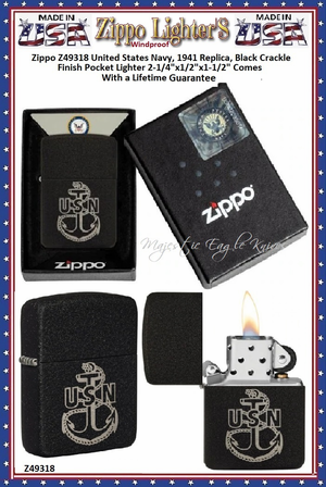 Zippo Windproof Lighter Z49318 Zippo  U.S. Navy Replica Black Crackle Design Windproof Pocket Lighter 2-1/4"x1/2"x1-1/2" Comes With a Lifetime Guarantee   