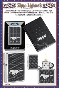 Zippo Windproof Lighter Z49328 Zippo Ford Mustang logo Color Imaged Onto a High Polish Chrome Windproof Pocket Lighter 2-1/4"x1/2"x1-1/2" Comes With a Lifetime Guarantee  