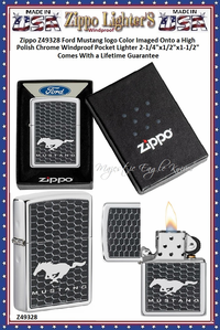 Zippo Windproof Lighter Z49328 Zippo Ford Mustang logo Color Imaged Onto a High Polish Chrome Windproof Pocket Lighter 2-1/4"x1/2"x1-1/2" Comes With a Lifetime Guarantee  