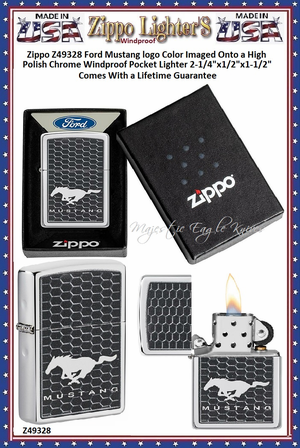 Zippo Windproof Lighter Z49328 Zippo Ford Mustang logo Color Imaged Onto a High Polish Chrome Windproof Pocket Lighter 2-1/4"x1/2"x1-1/2" Comes With a Lifetime Guarantee  