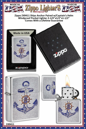 Zippo Windproof Lighter Z49411 Zippo Ships Anchor Paired w/Captain's Helm Windproof Pocket Lighter 2-1/4"x1/2"x1-1/2" Comes With a Lifetime Guarantee Zippo Windproof Lighter Z49411 Zippo Ships Anchor Paired w/Captain's Helm Windproof Pocket Lighter 2-1/4"x1/2"x1-1/2" Comes With a Lifetime Guarantee