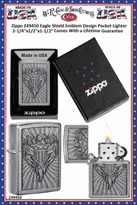 Zippo Windproof Lighter Z49450 Zippo Eagle Shield Emblem Design Street Chrome Windproof Pocket Lighter 2-1/4"x1/2"x1-1/2" Comes With a Lifetime Guarantee    