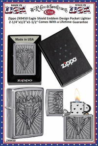 Zippo Windproof Lighter Z49450 Zippo Eagle Shield Emblem Design Street Chrome Windproof Pocket Lighter 2-1/4"x1/2"x1-1/2" Comes With a Lifetime Guarantee Zippo Windproof Lighter Z49450 Zippo Eagle Shield Emblem Design Street Chrome Windproof Pocket Lighter 2-1/4"x1/2"x1-1/2" Comes With a Lifetime Guarantee