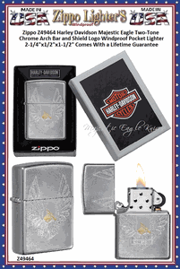 Zippo Windproof Lighter Z49464 Zippo Harley Davidson Majestic Eagle Two-Tone Chrome Arch Bar and Shield Logo Windproof Pocket Lighter 2-1/4"x1/2"x1-1/2" Comes With a Lifetime Guarantee 