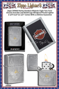 Zippo Windproof Lighter Z49464 Zippo Harley Davidson Majestic Eagle Two-Tone Chrome Arch Bar and Shield Logo Windproof Pocket Lighter 2-1/4"x1/2"x1-1/2" Comes With a Lifetime Guarantee 