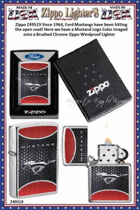Zippo Windproof Lighter Z49519 Zippo Since 1964, Ford Mustangs have been hitting the open road! Here we have a Mustang Logo Color imaged onto a Brushed Chrome Zippo Windproof Lighter