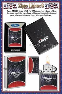 Zippo Windproof Lighter Z49519 Zippo Since 1964, Ford Mustangs have been hitting the open road! Here we have a Mustang Logo Color imaged onto a Brushed Chrome Zippo Windproof Lighter
