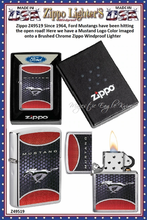 Zippo Windproof Lighter Z49519 Zippo Since 1964, Ford Mustangs have been hitting the open road! Here we have a Mustang Logo Color imaged onto a Brushed Chrome Zippo Windproof Lighter