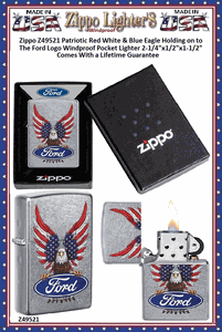 Zippo Windproof Lighter Z49521 Zippo Patriotic Red White & Blue Eagle Holding on to The Ford Logo Windproof Pocket Lighter 2-1/4"x1/2"x1-1/2" Comes With a Lifetime Guarantee 