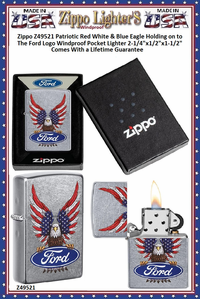 Zippo Windproof Lighter Z49521 Zippo Patriotic Red White & Blue Eagle Holding on to The Ford Logo Windproof Pocket Lighter 2-1/4"x1/2"x1-1/2" Comes With a Lifetime Guarantee 