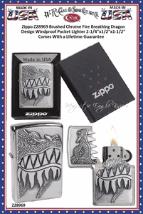 Zippo Windproof Lighter Zippo Z28969 Brushed Chrome Fire Breathing Dragon Windproof Pocket Lighter 2-1/4"x1/2"x1-1/2" Comes With a Lifetime Guarantee
