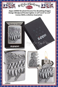 Zippo Windproof Lighter Zippo Z28969 Brushed Chrome Fire Breathing Dragon Windproof Pocket Lighter 2-1/4"x1/2"x1-1/2" Comes With a Lifetime Guarantee Zippo Windproof Lighter Zippo Z28969 Brushed Chrome Fire Breathing Dragon Windproof Pocket Lighter 2-1/4"x1/2"x1-1/2" Comes With a Lifetime Guarantee