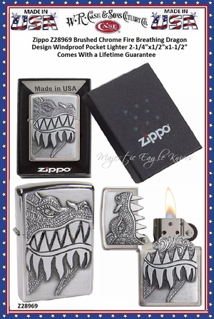 Zippo Windproof Lighter Zippo Z28969 Brushed Chrome Fire Breathing Dragon Windproof Pocket Lighter 2-1/4"x1/2"x1-1/2" Comes With a Lifetime Guarantee Zippo Windproof Lighter Zippo Z28969 Brushed Chrome Fire Breathing Dragon Windproof Pocket Lighter 2-1/4"x1/2"x1-1/2" Comes With a Lifetime Guarantee