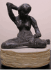 Green Patina Seated Nude, Arms Up, with  Hand-carved Sandstone Base<br><SMALL>Mary Pohlad</SMALL></font>