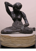Green Patina Seated Nude, Arms Up, with  Hand-carved Sandstone Base<br><SMALL>Mary Pohlad</SMALL></font>