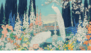 White Peacocks in Floral Garden<br><small>Jessie Arms Botke</font>