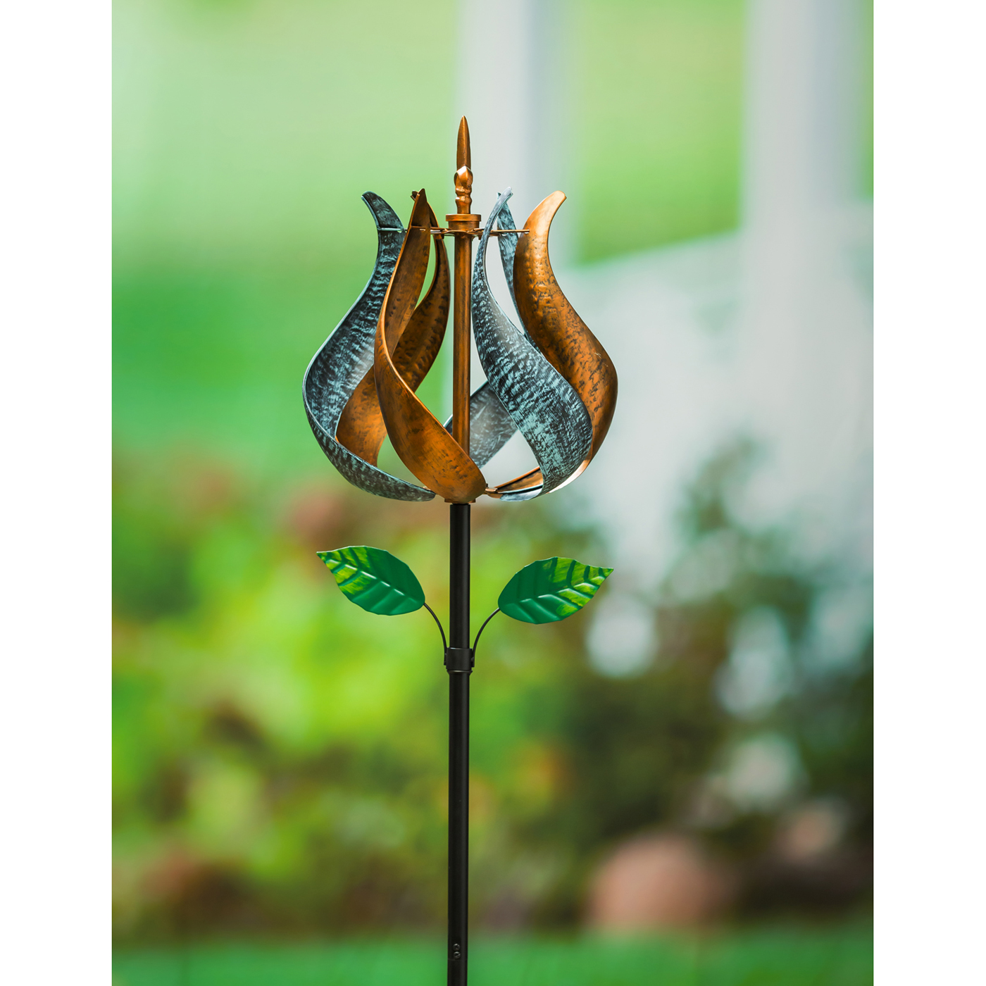 Bronze and Blue Patina Tulip Wind Spinner Spinners & Stakes