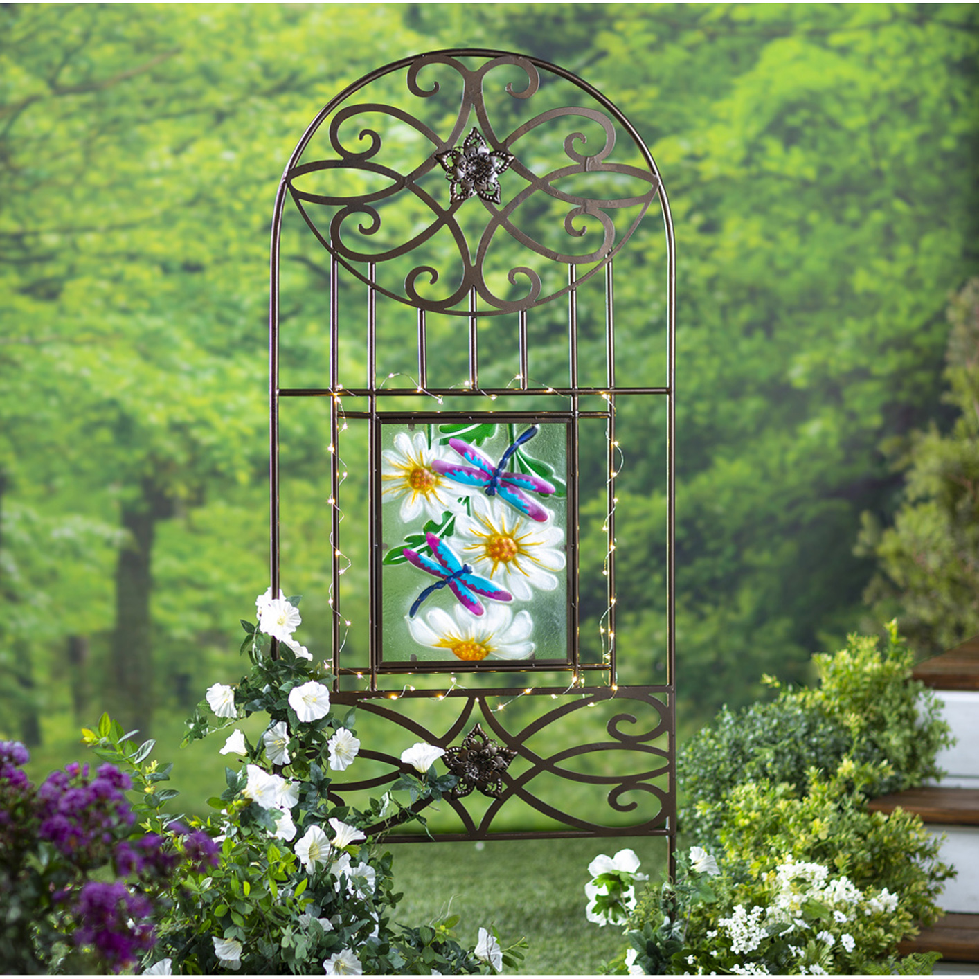 Four Seasons Metal Trellis, Four Painted Glass Inserts, SolarPowered