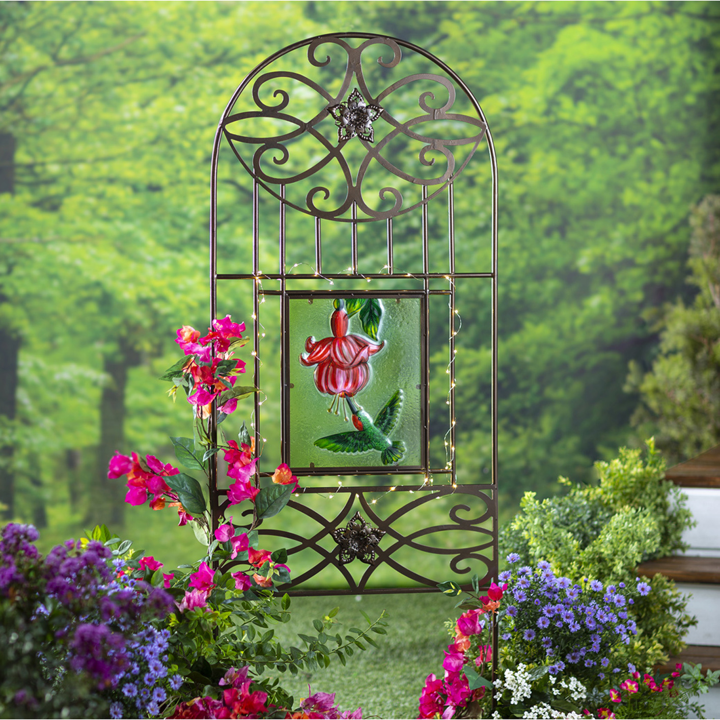 Four Seasons Metal Trellis, Four Painted Glass Inserts, SolarPowered