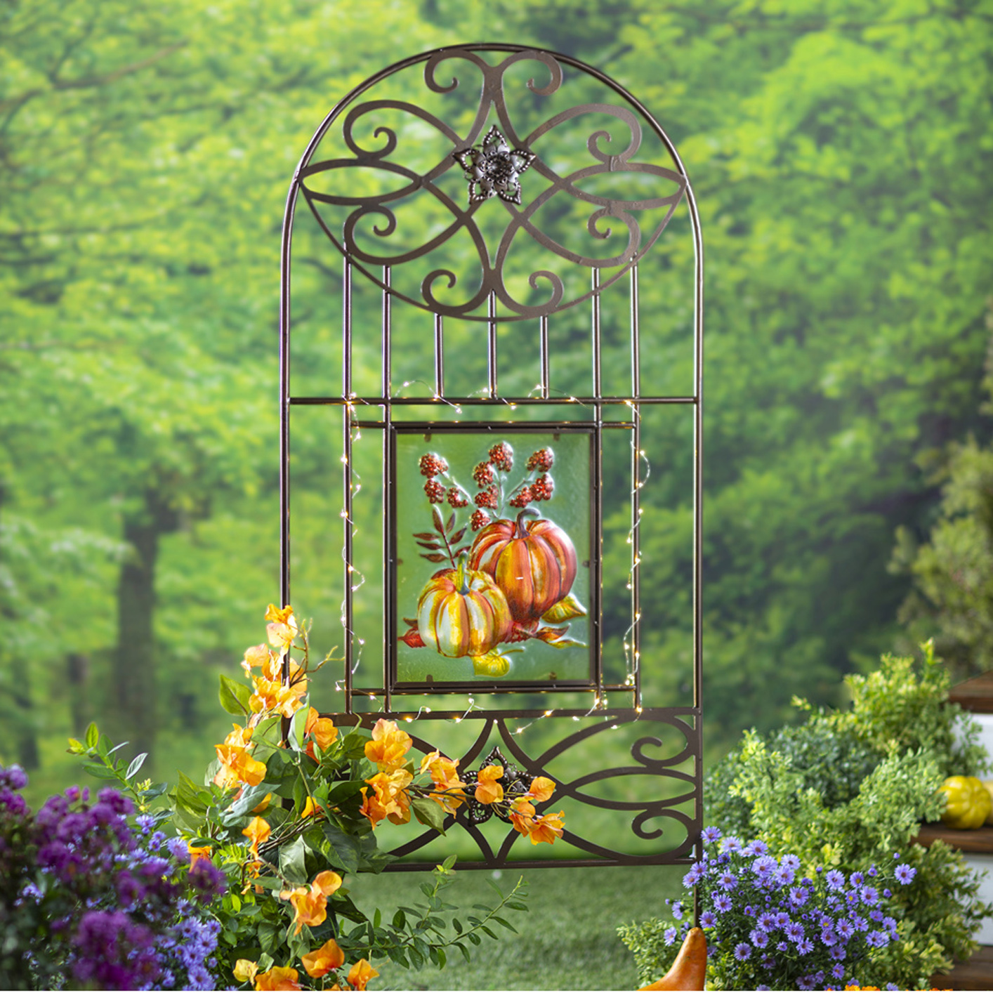 Four Seasons Metal Trellis, Four Painted Glass Inserts, SolarPowered