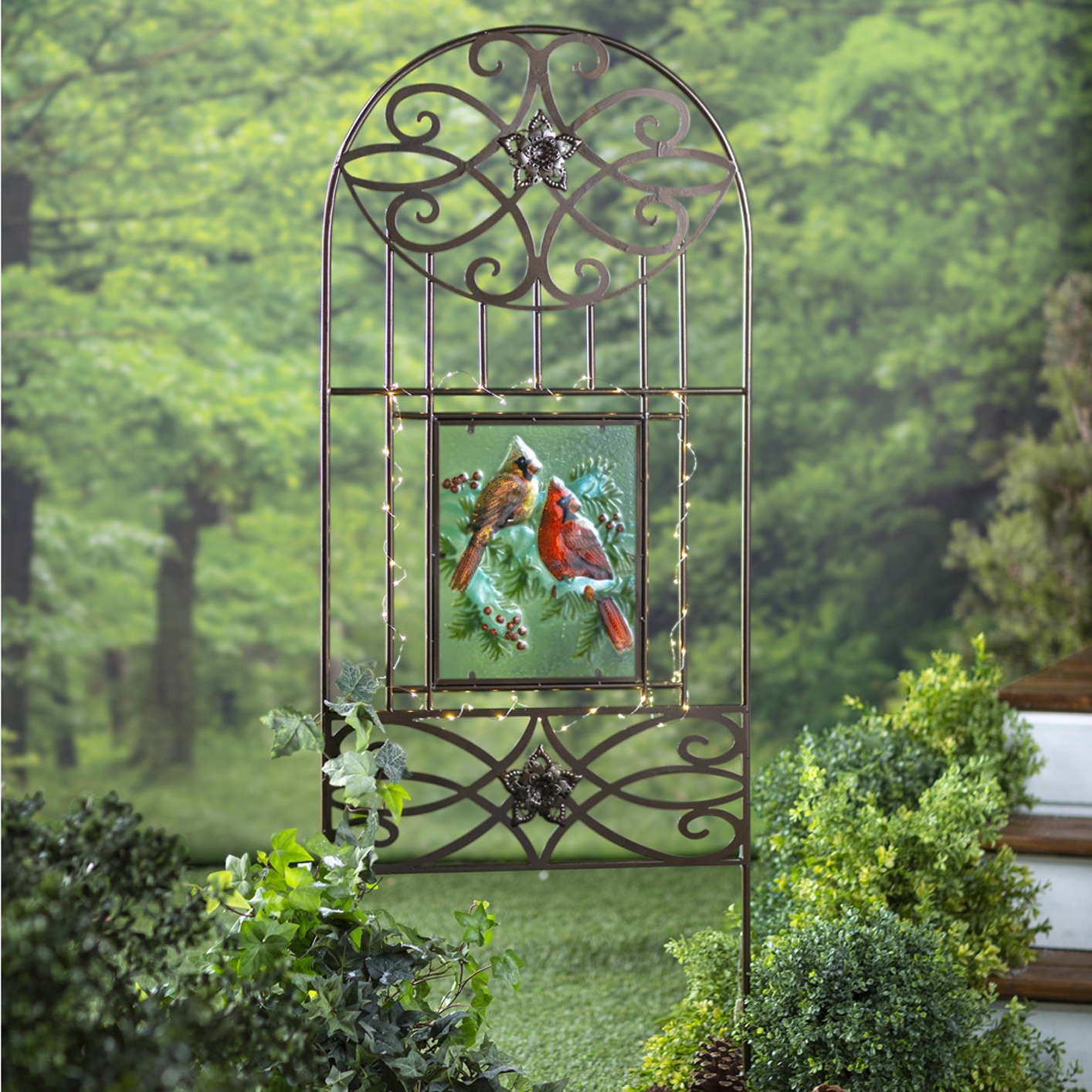 Four Seasons Metal Trellis, Four Painted Glass Inserts, SolarPowered