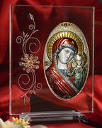 Italian Silver Greek Orthodox Theotokos Icon w/ colors on a Glass Stand Italian Silver Greek Orthodox Theotokos Icon w/ colors on a Glass Stand