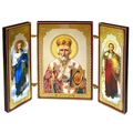 Gold & Silver Foil Wooden Saint Nicholas Icon Triptych w/ Archangels