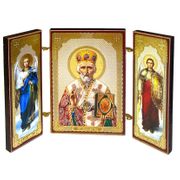 Gold & Silver Foil Wooden Saint Nicholas Icon Triptych w/ Archangels