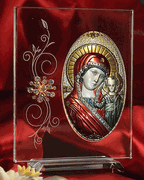 Italian Silver Greek Orthodox Theotokos Icon w/ colors on a Glass Stand