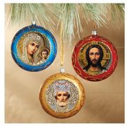  Set of 3 Christmas Icon Ornaments Virgin of Kazan - Christ - St Nicholas 