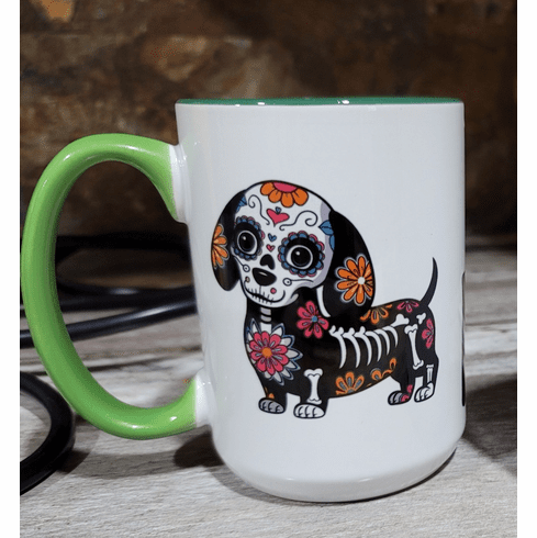 coffee mugs sugar skull dog or cat, select one.  Image on both sides of mug