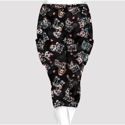 Double pocket capris sugar skull cats and dogs