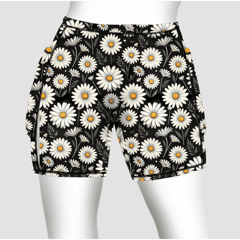Double Pocket Shorts black and white daisies