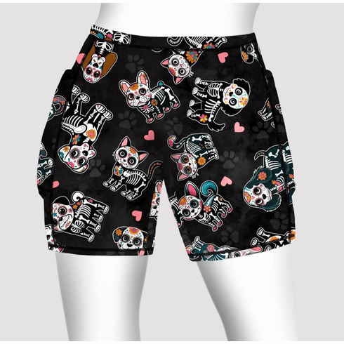 Double pocket shorts sugar skull dogs and cats
