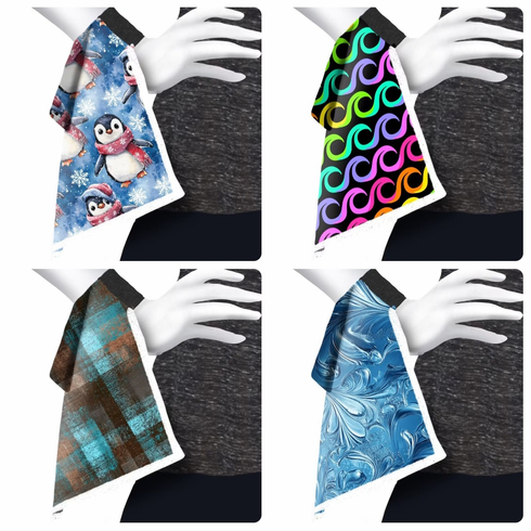 Wrist towel penguin with scarf, neon waves, teal plaid, frozen water