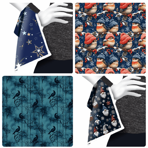 Wrist towel winter birds, autumn hedgehog, teal raven, knitted gnomes