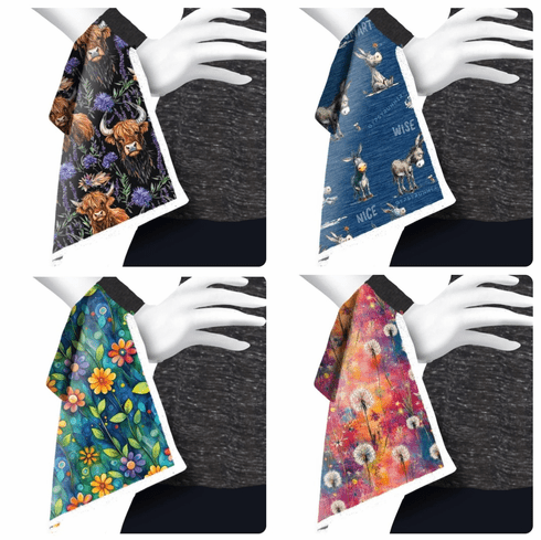 Wrist towels highland cattle, donkey on denim, wildflower garden watercolor dandelions