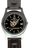 U.S. Marines Stainless Steel Case with Leather Strap Service Emblem Watch